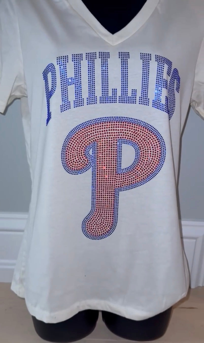 Bling Phillies Text w/ Red P Women’s V-Neck T-Shirt