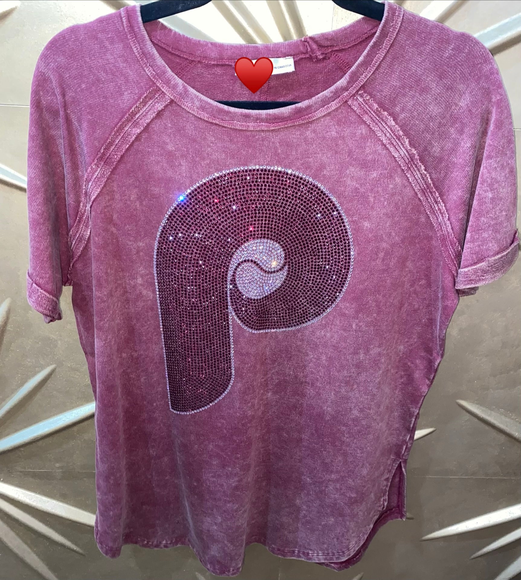 Terry Washed Curved Hem Red P Bling T-Shirt