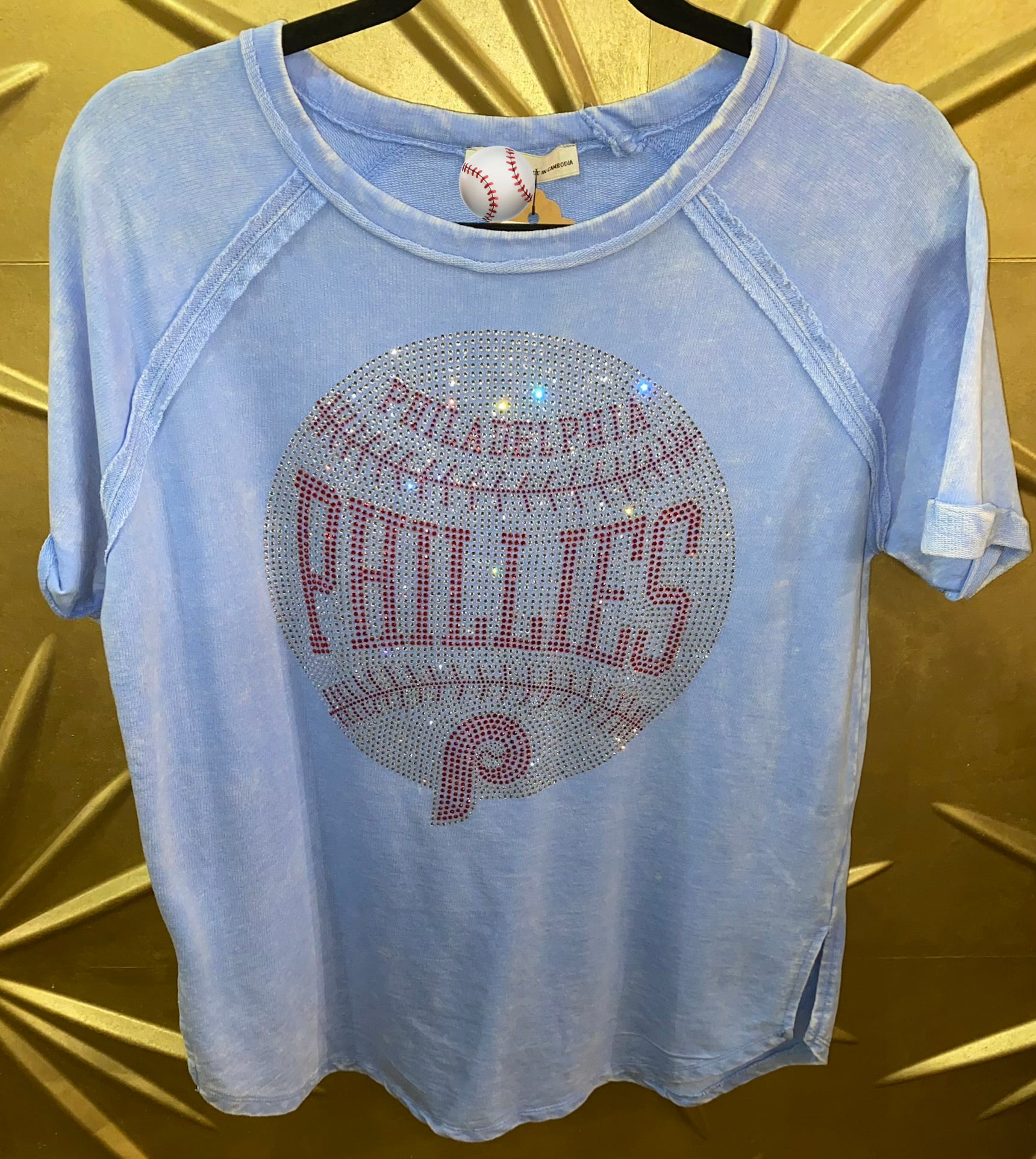 Terry Washed Curved Hem Phillies Baseball Bling T-Shirt