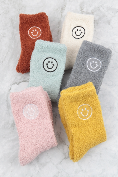 Fuzzy Smiley Face Socks (many colors)