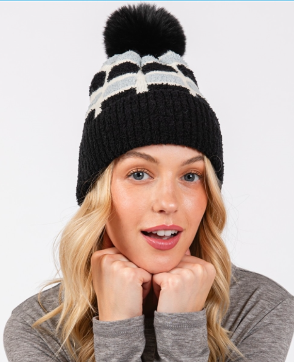 Cozy Color Blocked Pom Pom Hat