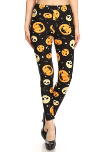 Cartoon Pumpkin and Skull Print Leggings