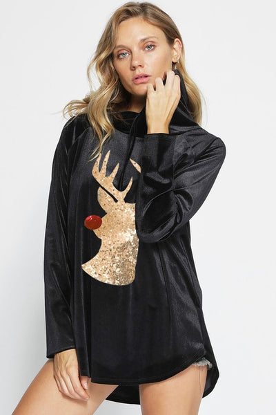 Velvet/Velour Hoodie With Rudolph Sequin Patch