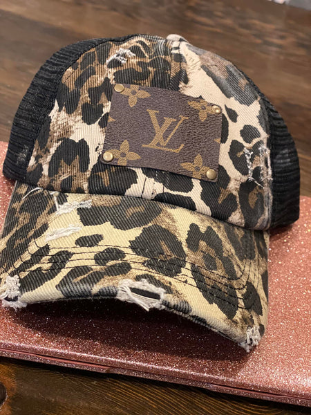 Leopard Destroyed Criss Cross Hat ( up cycled designer )
