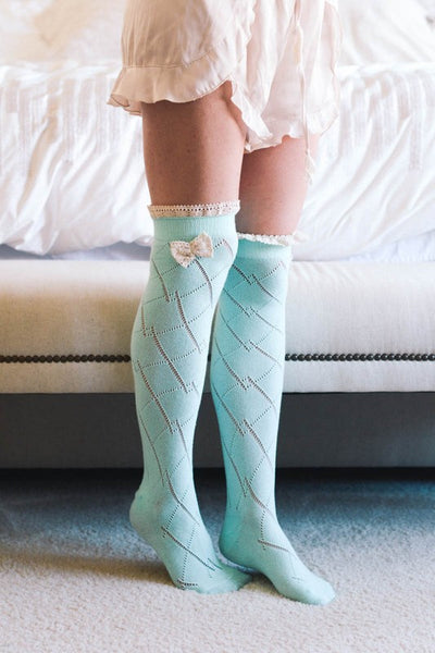 Diamond Pattern Socks with Crochet Lace Bow
