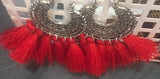 Crescent Earrings with Red Tassels