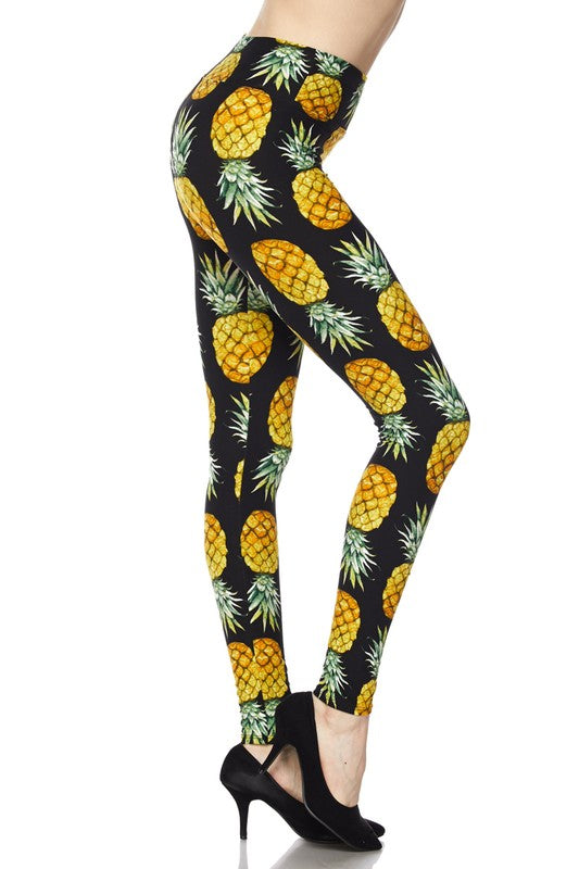 Pineapple Print Black Leggings w/ 3 Inch Waistband