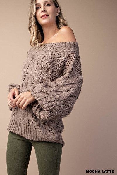 Cable Knit Puff Sleeve Off Shoulder Sweater