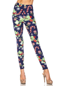 Poinsettia Candy Cane Yummy Brushed Ankle Leggings