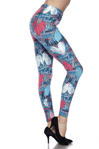 Letter Hearts Print Brushed Leggings