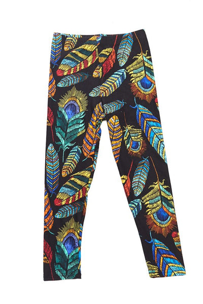Colorful Feather Print Brushed Leggings - Kids