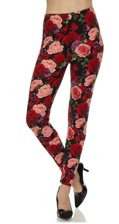 Red & Pink Rose Print Ankle Leggings