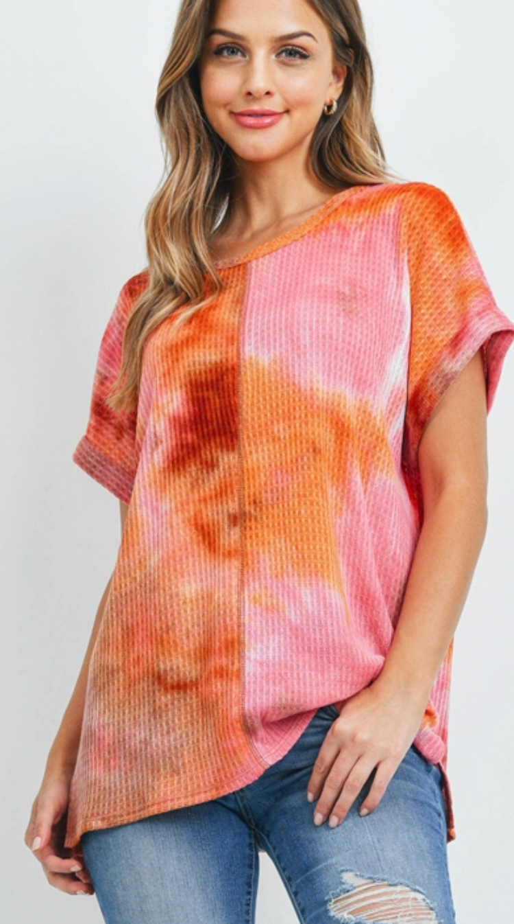 Reverse Cover Stitch Waffle Tie Dye Top