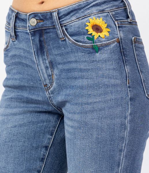 Judy Blue Embroidered SunFlower Jeans-JBESF