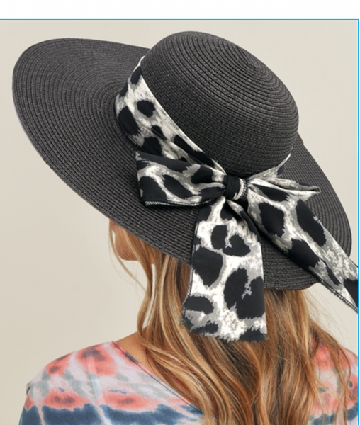 Leopard Print Bow Summer Straw Floppy Hat Black