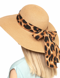 Leopard Print Bow Summer Straw Floppy Hat Brown