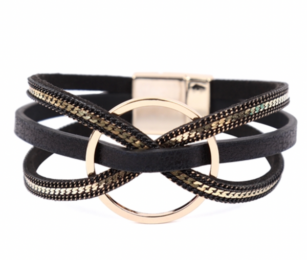 LEATHER WITH RING CHARM MAGNETIC WRAP BRACELET ( 4 colors )